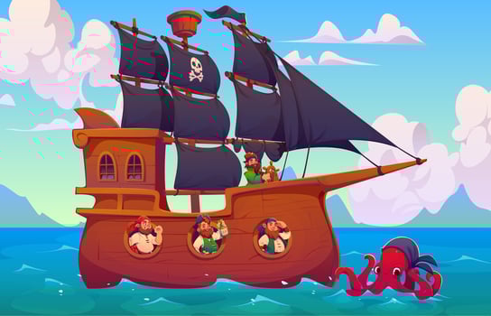 Cartoon pirates ship and giant kraken octopus vector