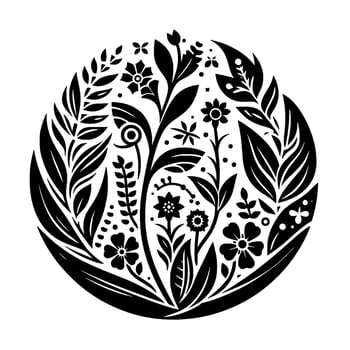 Intricate Black and White Floral Mandala with Detailed Plant Silhouettes and Circular Symmetry vector