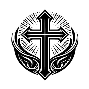 Bold, symmetrical black and white illustration of a cross, radiating light and encircled by stylized flourishes, on a clean white background. vector