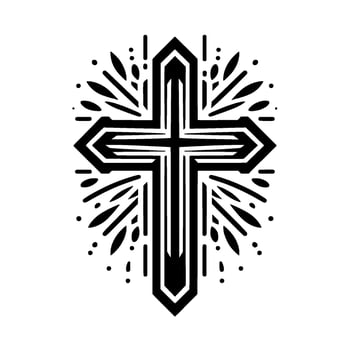 Geometric Black Cross with Radial Burst on a White Background, Symbolic and Modern Aesthetics. vector