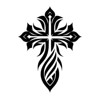Intricate Black and White Tribal Cross on Clean White Background with Floral and Leaf Embellishments vector