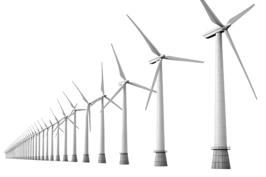 Wind turbines line horizon, showcasing renewable energy technology modern landscape. Their sleek design symbolizes png