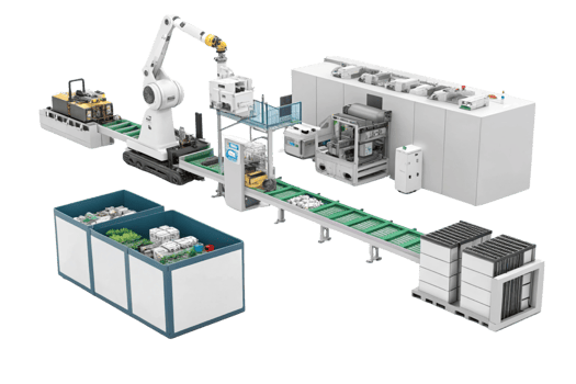 Automated manufacturing system with robotic arm, conveyor belts, and modular components for efficient production png