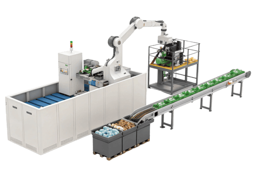 Automated production line with robotic arm, conveyor, and sorting system for efficient packaging and processing png