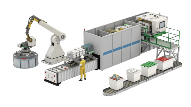 Automated production line with robotic arm, worker, and containers for efficient processing and packaging of goods png
