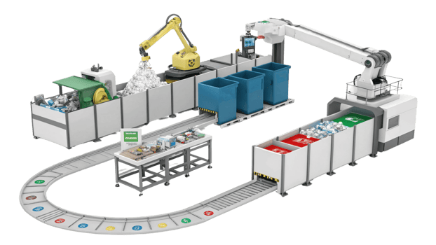 Automated recycling facility with robotic arms sorting materials efficiently, showcasing modern waste management system png