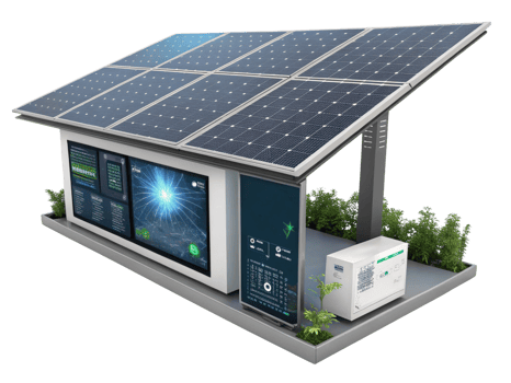 Innovative solar energy system with solar panels, energy monitor, and inverter, showcasing sustainable technology and eco png