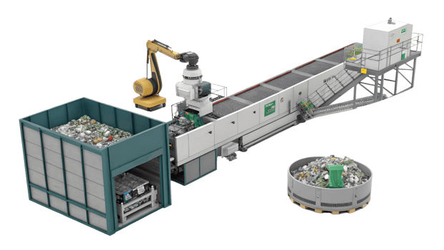 Automated waste sorting system with conveyor, robotic arm, and storage containers for efficient recycling and waste management png