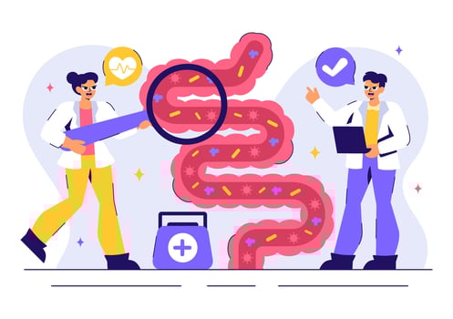 Doctor Performing Colonoscopy Illustration with Colon Examination and Bacteria Display vector