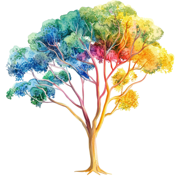 A whimsical watercolor painting depicting a vibrant colorful tree png