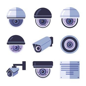 Security camera icons set, flat design illustration vector