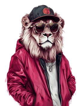 Fashionable Lion Character Wearing Cap and Sunglasses in Vibrant Digital Art Style png