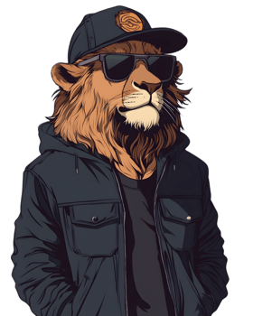 Fashionable Lion Character Wearing Cap and Sunglasses in Stylish Urban Portrait png