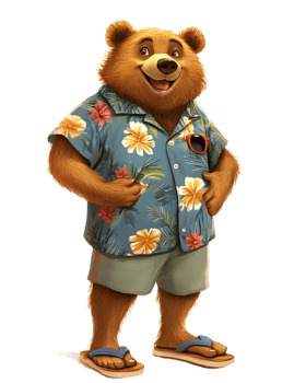 Friendly Cartoon Bear Wearing Hawaiian Shirt in a Tropical Setting png