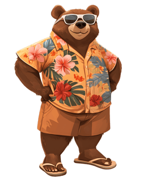 Friendly Cartoon Bear in Tropical Summer Outfit Relaxing at Beach png