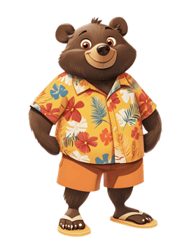 Cheerful Bear Wearing Tropical Hawaiian Shirt in Botanical png