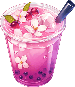 Vibrant Blueberry and Cherry Smoothie in a Glass with Flowers and Ice Cubes png