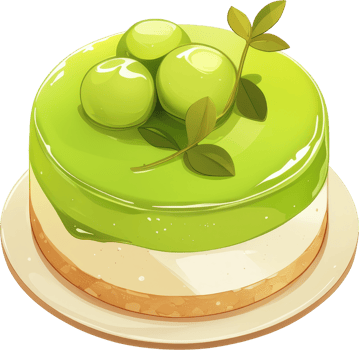 Elegant Layered Green Dessert Cake with Fresh Leaves on Decorative Plate png
