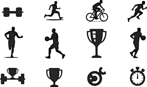 a set of silhouettes of people running, cycling and other activities vector