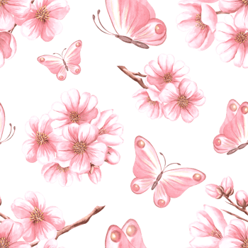 Almond branches with pink flowers and flutering butterflies. Seamless pattern. Sakura, cherry blossom. Watercolor illustration hand painted. Spring floral background. Template for wallpaper, textile. png