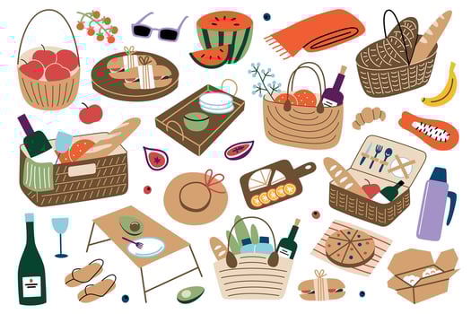 Picnic baskets with food, serving trays, set of wooden boards for outdoor dining. Fruits, cheese, wine, sandwiches, summer accessories icons collection. Picnic illustration, spring doodles vector