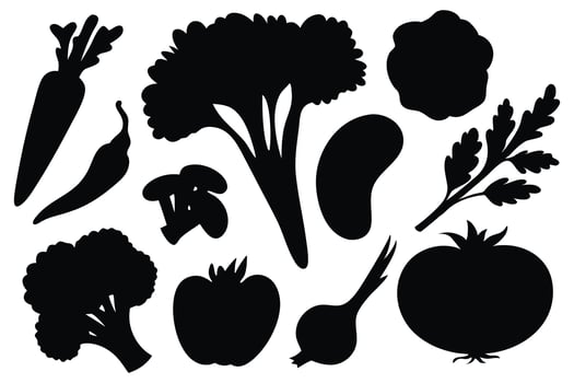 Vegetable food silhouettes set isolated flat illustration on white background. vector