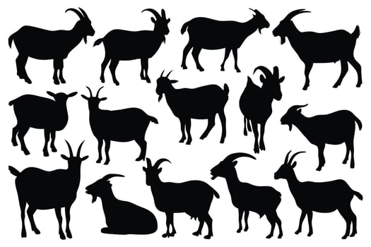 Various goat silhouettes set isolated flat illustration on white background vector