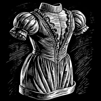 Vintage Victorian Dress Illustration in Black and White with Detailed Textures and Patterns vector