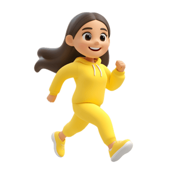 Energetic Woman Running with Joyful Emoji Expression in Digital png
