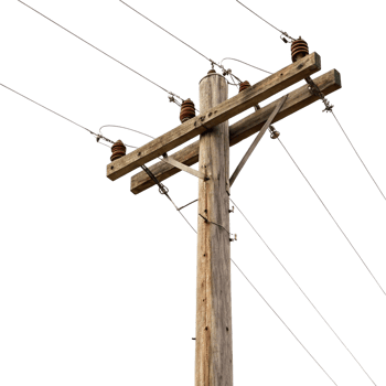 Wooden power pole with wires on transparent background png