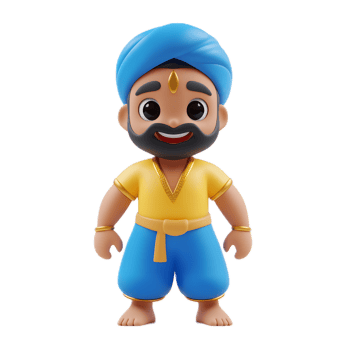 3D Rendered Cheerful Blue Genie Character with Yellow Costume Smiling on White Background png