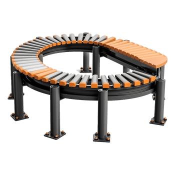 3D Render of a Curved Roller Conveyor System with Orange and Gray Rollers png