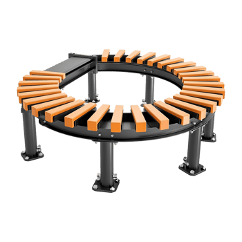 Circular Conveyor Belt System with Orange Rubber Rollers and Black Metal Frame png
