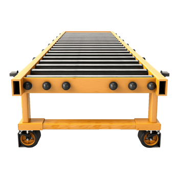 Highangle view of a portable roller conveyor system with wooden frame and black rollers png