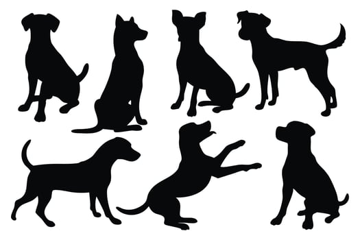Pet dog pose silhouettes set isolated flat illustration on white background vector
