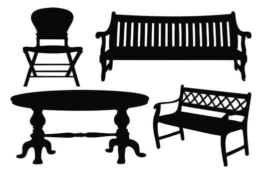 Chair table bench silhouettes set isolated flat illustration on white background vector