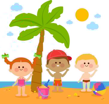 Children with swimsuits at the beach playing in the sand under a palm tree with toys. Summer vacations for kids, blue ocean and tropical island. vector