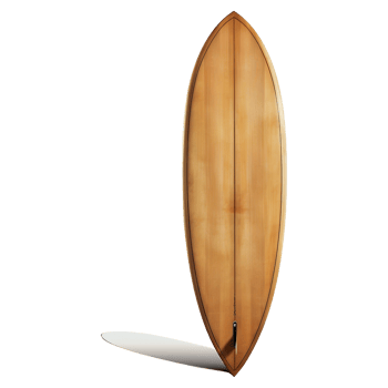 Wooden surfboard on display against a blurred background png