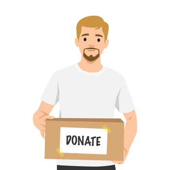 Man in a white tshirt holds a donation box, symbolizing kindness and charitable giving. vector