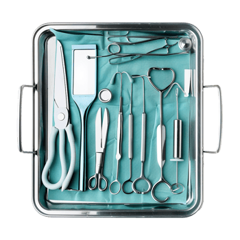 A sterile surgical instrument tray with various tools for medical procedures png