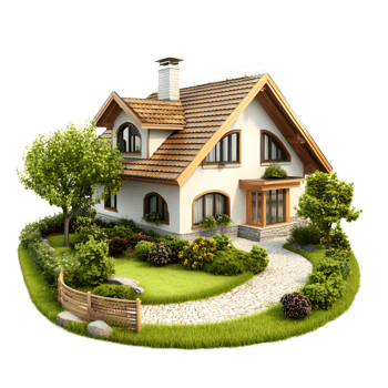 Charming Cottage Nestled in Lush Landscaped Garden with Winding Pathway png