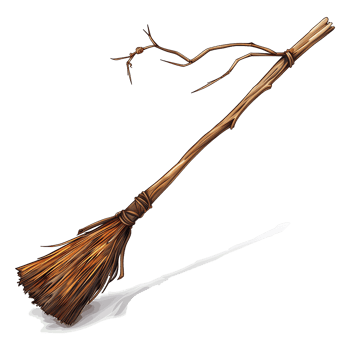 A Detailed Illustration of a Rustic Wooden Witches Broom with Brown Twigs and Straw Bristles png