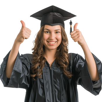 A Happy Graduate Woman Showing Thumbs Up in Cap and Gown png