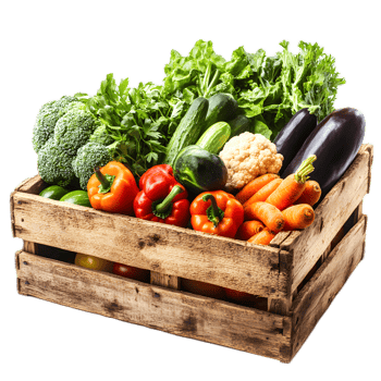 Assorted Fresh Organic Vegetables in Rustic Wooden Crate png