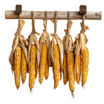 Dried Corn Cobs Hanging on Rustic Wooden Rack in Harvest Arrangement png