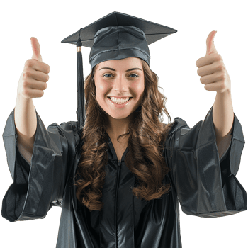 Happy Graduate Showing Two Thumbs Up in Cap and Gown png