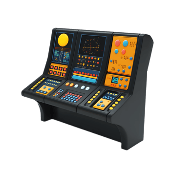 Futuristic Command Console with Advanced Digital Displays and Controls png