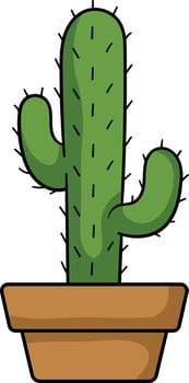 Potted cactus with two curved arms, green body, black spines, and a brown terracotta pot vector