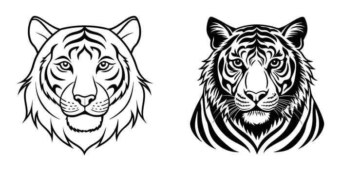 Two Striking Tiger Head Designs Line Art and Detailed Stripes vector
