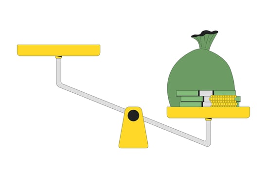 Money bag on tilted balance scale 2D cartoon object. Wealth inequality. Financial disparity. Cash stacks coins weighing down isolated element flat clip art on white. Spot illustration vector